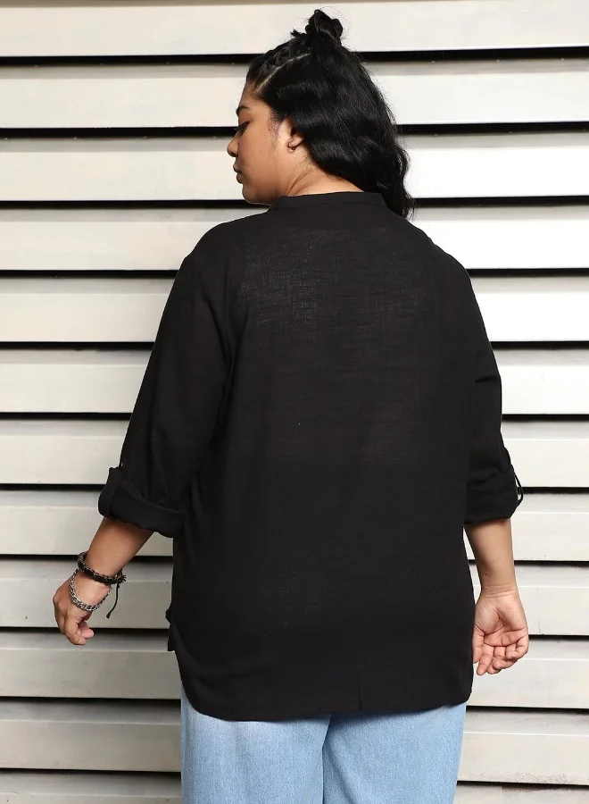 HIGH STAR Women's Black Rayon Solid Pattern Button Down Relaxed Shirt