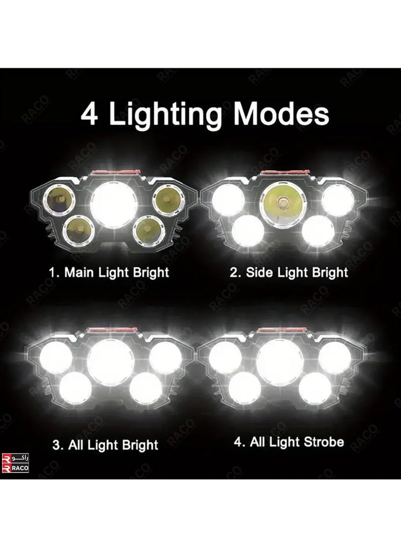 RACO RACO USB Rechargeable Headlights, 5 LED Head Flashlight, Camping Headlight, 4 Modes, Suitable for Camping, Running, Climbing, Biking, Fishing  - Image 3