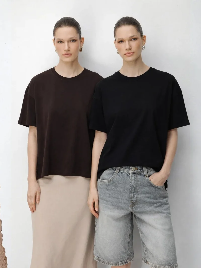 MixRay MIXRAY Oversized Ribbed Crew Neck Two-Piece T-Shirt Set