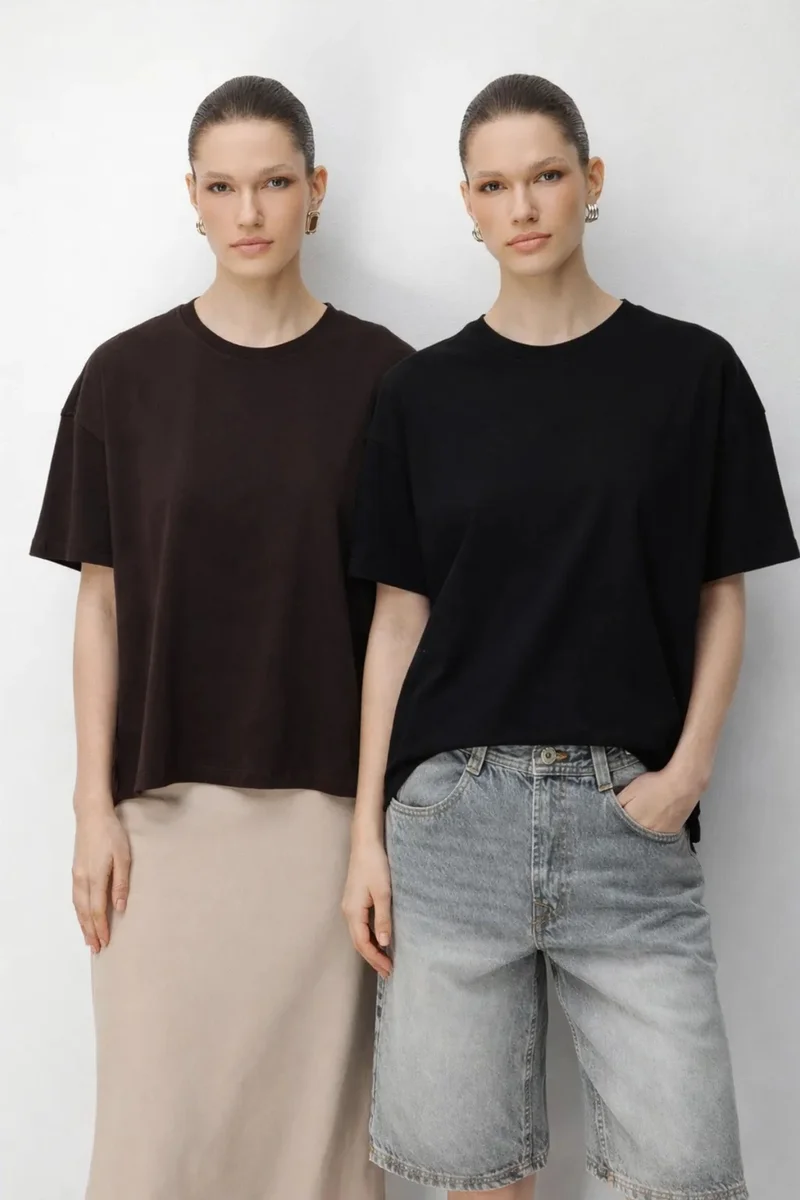 ميكسراي MIXRAY Oversized Ribbed Crew Neck Two-Piece T-Shirt Set