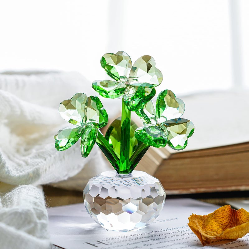 QFkris Crystal Flower Dreams FourLeaf Clover Figurine Collectibles Crystal Ornament Gift for St Patricks Day
