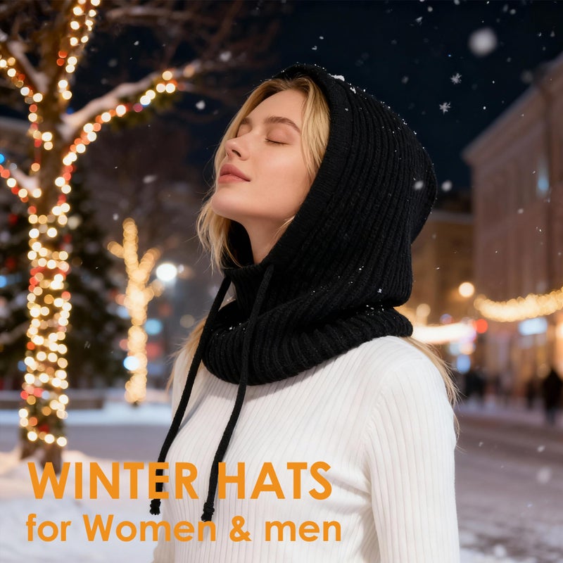 Gopaice Winter Hat Knit Balaclava Hooded Scarf Head Cover Beret Neck Ski Warmer Unisex Black - Image 5