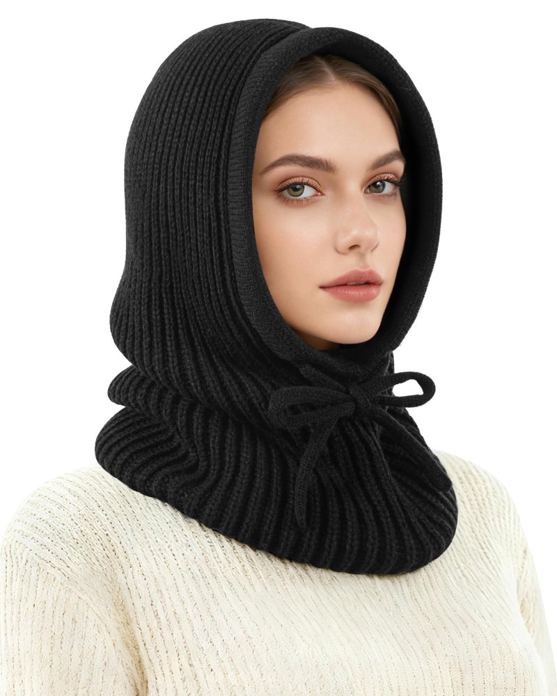 Gopaice Winter Hat Knit Balaclava Hooded Scarf Head Cover Beret Neck Ski Warmer Unisex Black - Image 2