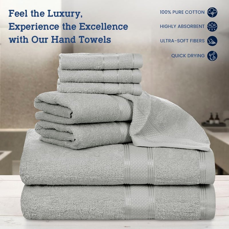 Casa Lino 8 Pc Premium Towel Set  Cotton Towels Set  400 GSM 2 Bath Towel  2 Hand Towel  & 4 Washcloths  Bathroom Set  Head Towels Wrap for Ladies  Gym Towel for Men Workout Silver - Image 2