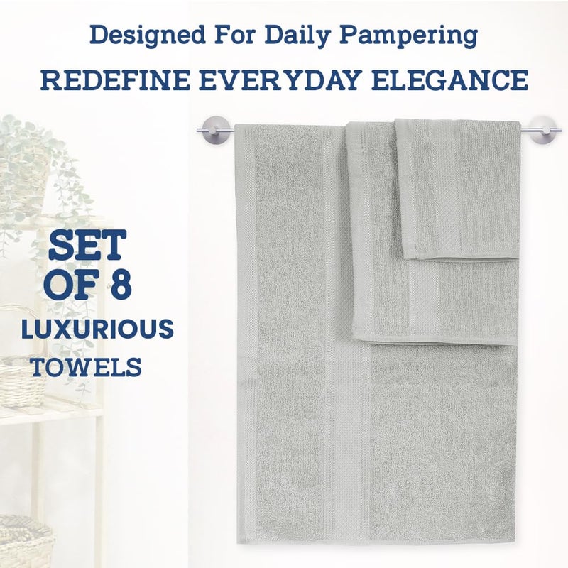 Casa Lino 8 Pc Premium Towel Set  Cotton Towels Set  400 GSM 2 Bath Towel  2 Hand Towel  & 4 Washcloths  Bathroom Set  Head Towels Wrap for Ladies  Gym Towel for Men Workout Silver - Image 3