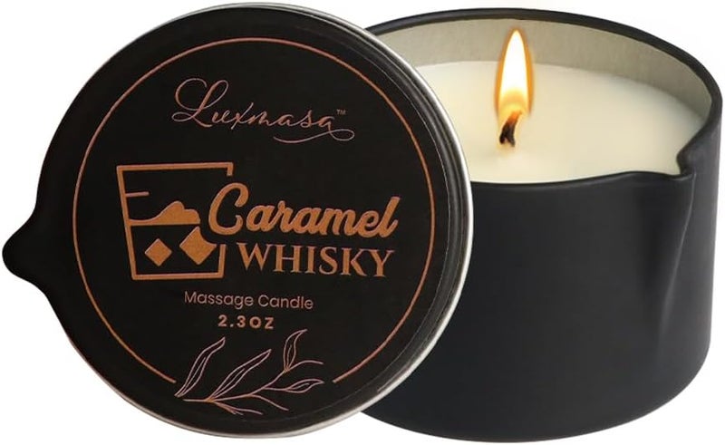 Soybean Wax Warming Massage Oil Candle for Stress Relief and Skin Moisturizing, Romantic Gift SPA Use Home Scented Candle Body Oil Caramel Whisky Scent 2.35 OZ