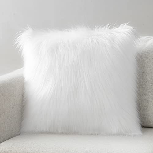 Phantoscope Faux Fur Solid Decorative Pillow Cover Fluffy Throw Pillow Mongolian Luxury Fuzzy Pillow Case Cushion Cover for Bedroom and CouchTrue White 18 x 18 Inches