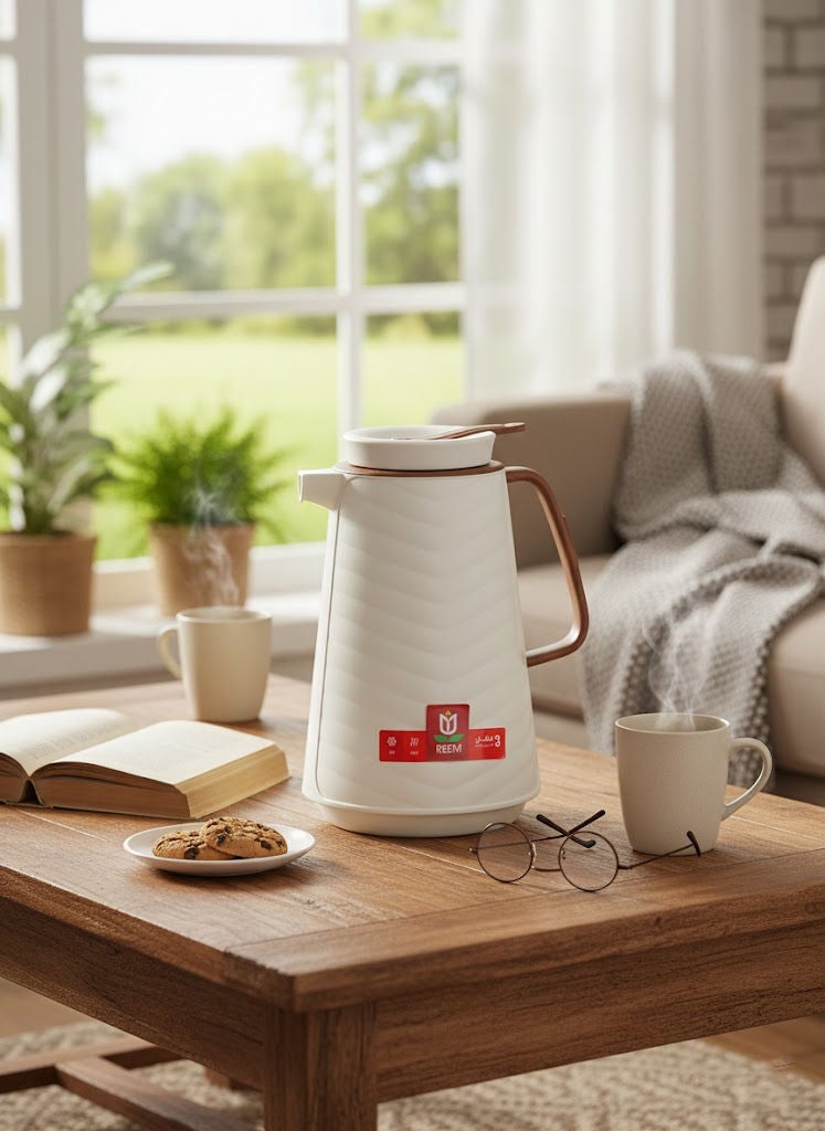 REEM Plastic Tea/Coffee Flask With Wooden Handle 1 Liter White/Brown - Image 3