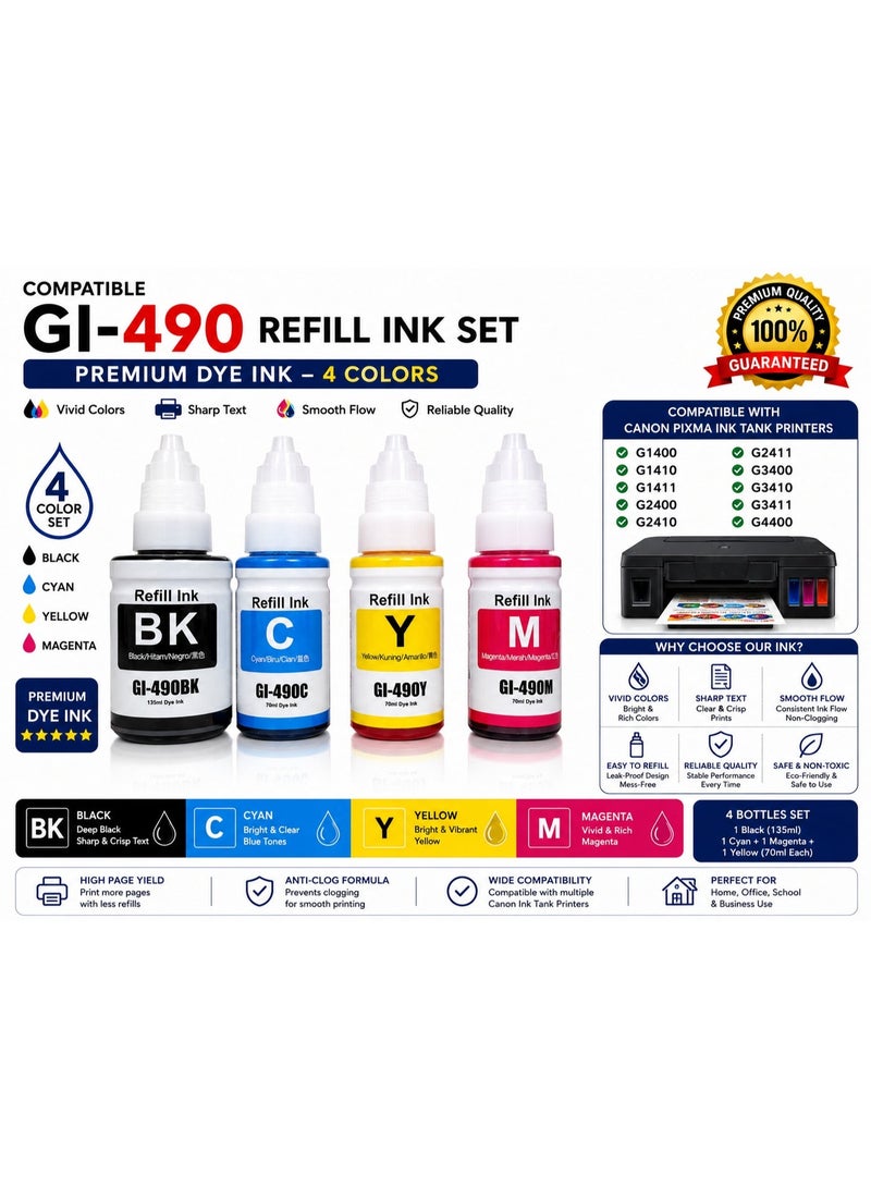 general Compatible GI-490 GI490 GI-490 Refill Ink Set (4 Colors) Replacement for G1400 G1410 G1411 G2400 G2410 G2411 G3400 G3410 G3411 G4400 Ink Tank Printer (Black, Cyan, Magenta, Yellow) - Image 1