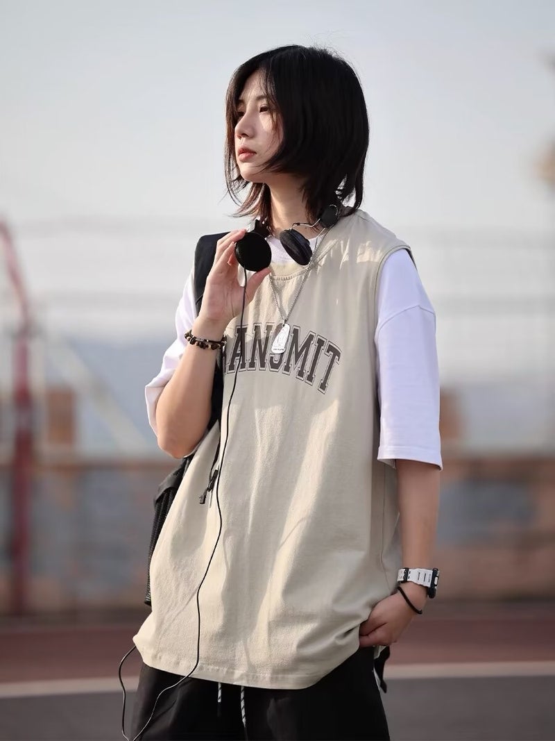 Japanese Style Vintage Printed Waistcoat Sweatshirt 2024 Loose Sports Fitness Breathable Sleeveless T-shirt Top for Boys and Girls Khaki