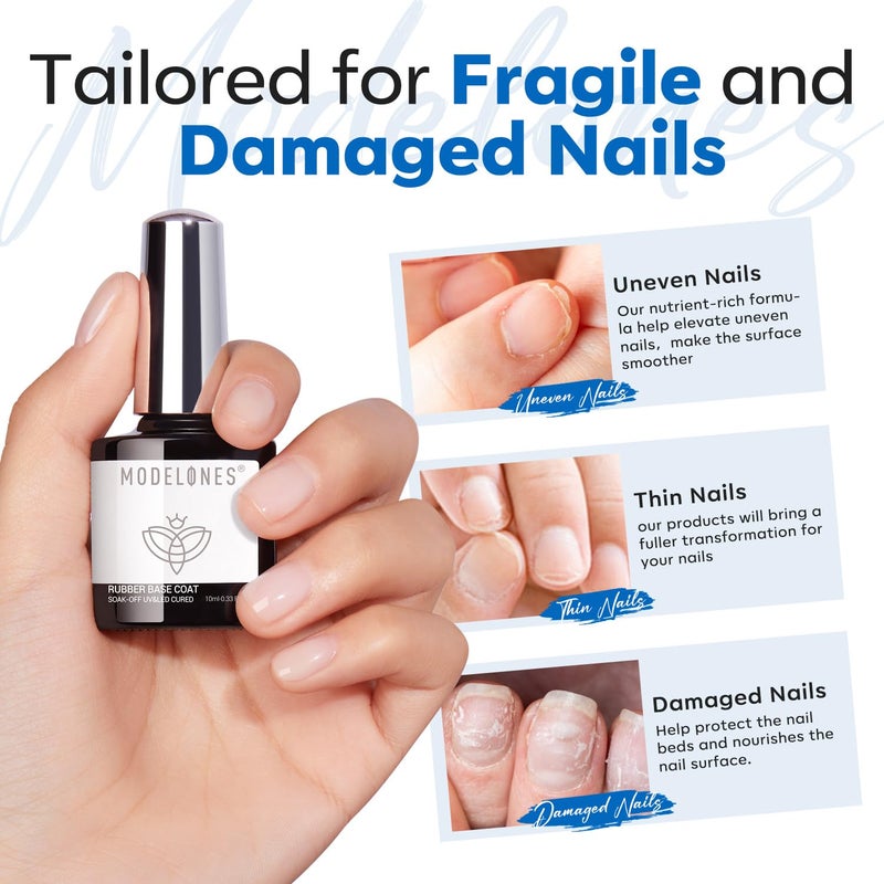 modelones Rubber Builder Gel Base Coat for Nails, Clear Rubber Base Gel Nail Polish for Strengthen/Apex Building/Enhance/Reinforced Long Lasting Fiber Protect Soak Off U V LED Gift for Thin Weak Nails - Image 2