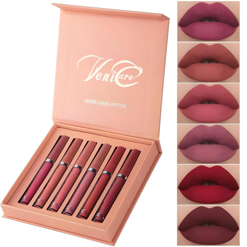 VeniCare 6Pcs Matte Liquid Lipstick Makeup Set Matte liquid LongLasting Wear NonStick Cup Not Fade Waterproof Lip Gloss Set A