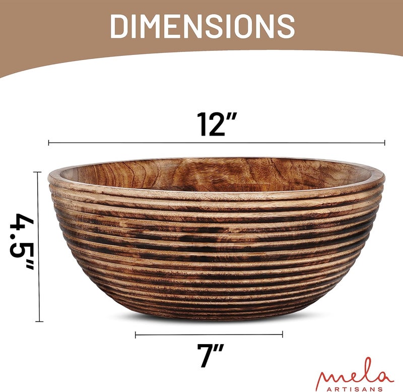 Mela Artisans 12 Wooden Fruit Bowl Large Serving Bowl for Salads Cereals Snacks  Mixing  Decorative Bowls for Kitchen  Darma Valley Collection - Image 2