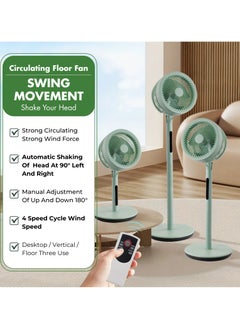 10" Ultra-Quiet DC Motor Pedestal Standing Fan with Remote Control | 20dB Energy-Saving, Tri-Cyclonic Airflow, 4 Modes & Timer | Olive Green Modern Design for Home/Office (70-110cm Adjustable)