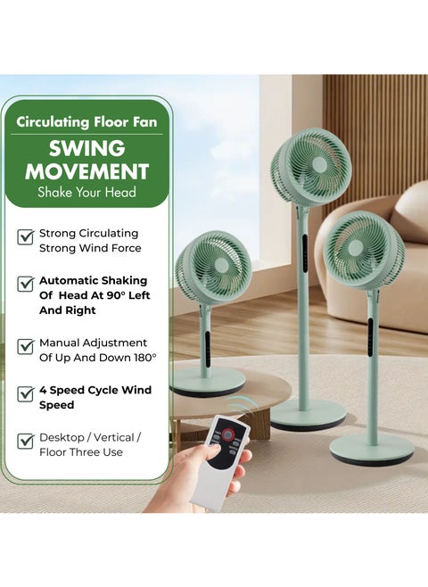 10" Ultra-Quiet DC Motor Pedestal Standing Fan with Remote Control | 20dB Energy-Saving, Tri-Cyclonic Airflow, 4 Modes & Timer | Olive Green Modern Design for Home/Office (70-110cm Adjustable)