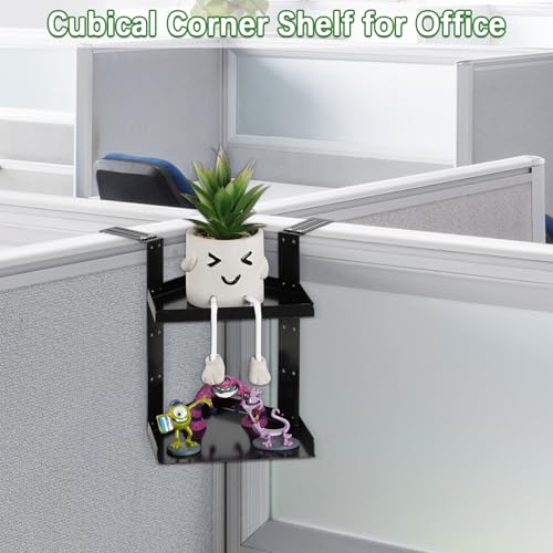 Olpchee Office Cubicle Shelf Storage Organizer Accessories Height Adjustable Cubicle Corner Shelf with Hooks (Black, Double Layer) - Image 2