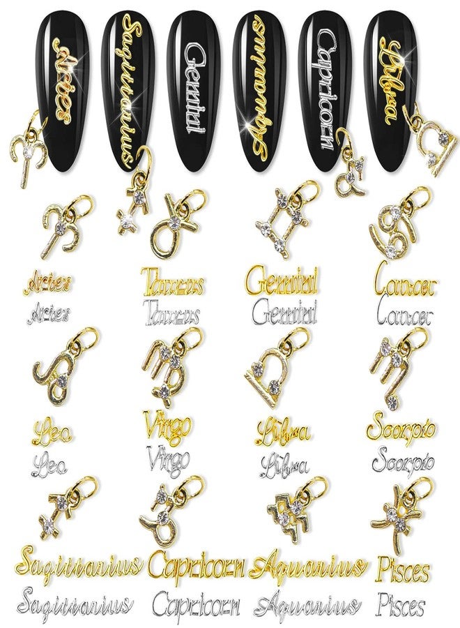 DANNEASY 36pcs Zodiac Nail Charms Dangle Nail Letter Charms Nail Rhinestones Alloy Nail Jewels 3D Nail Art Charms Virgo Leo Aries Taurus Gemini Capricorn Nail Decoration Jewelry for Acrylic Nails - Image 1