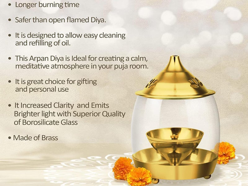 Ein Sof Decorative Brass Diya for Puja with Curved Glass Cover - 6.5 inch Home Decoration Oil Pooja Akhand Diyas, Big Size Room Lamp, Mandir Jyoti Wick Holder Stand, Gold Lid Lamps Decorations - Image 5
