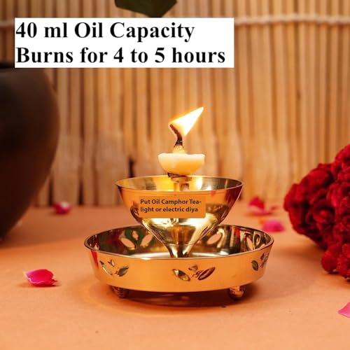 Ein Sof Decorative Brass Diya for Puja with Curved Glass Cover - 6.5 inch Home Decoration Oil Pooja Akhand Diyas, Big Size Room Lamp, Mandir Jyoti Wick Holder Stand, Gold Lid Lamps Decorations - Image 4