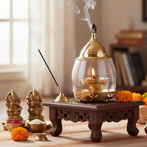 Ein Sof Decorative Brass Diya for Puja with Curved Glass Cover - 6.5 inch Home Decoration Oil Pooja Akhand Diyas, Big Size Room Lamp, Mandir Jyoti Wick Holder Stand, Gold Lid Lamps Decorations - Image 3