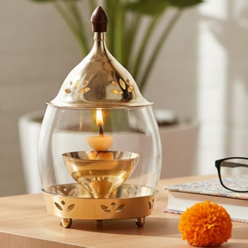 Ein Sof Decorative Brass Diya for Puja with Curved Glass Cover - 6.5 inch Home Decoration Oil Pooja Akhand Diyas, Big Size Room Lamp, Mandir Jyoti Wick Holder Stand, Gold Lid Lamps Decorations - Image 1