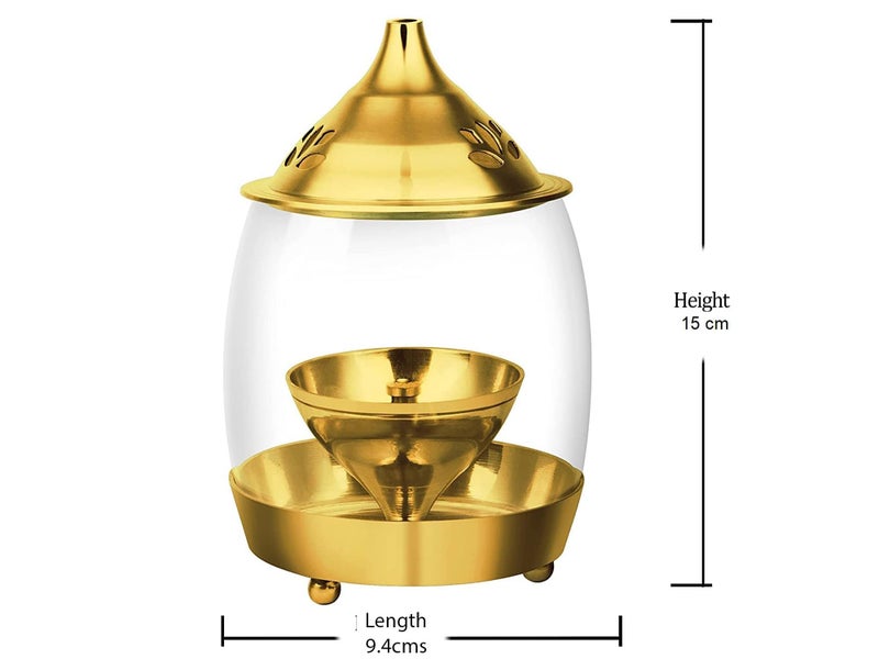 Ein Sof Decorative Brass Diya for Puja with Curved Glass Cover - 6.5 inch Home Decoration Oil Pooja Akhand Diyas, Big Size Room Lamp, Mandir Jyoti Wick Holder Stand, Gold Lid Lamps Decorations - Image 2