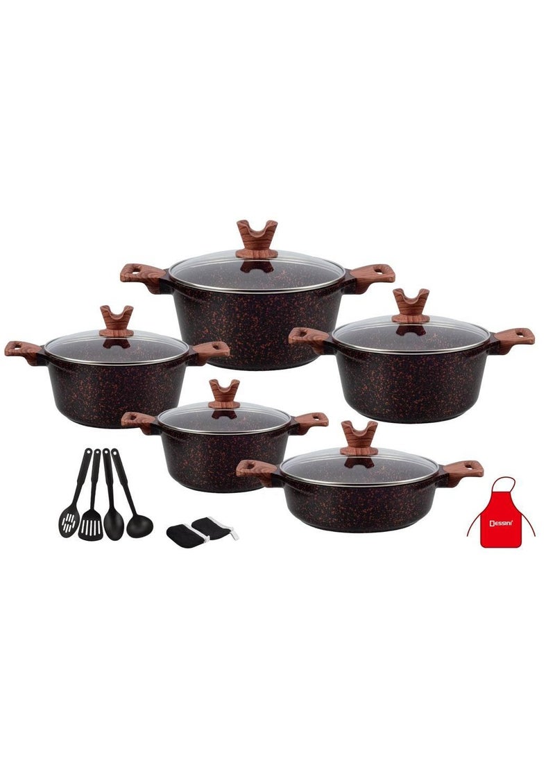 DESSINI 17-Piece Non Stick Granite Cookware Set 20/24/28/32Cm Casserole, 28Cm Shallow Casserole- PFOA Free 8000 - grey 