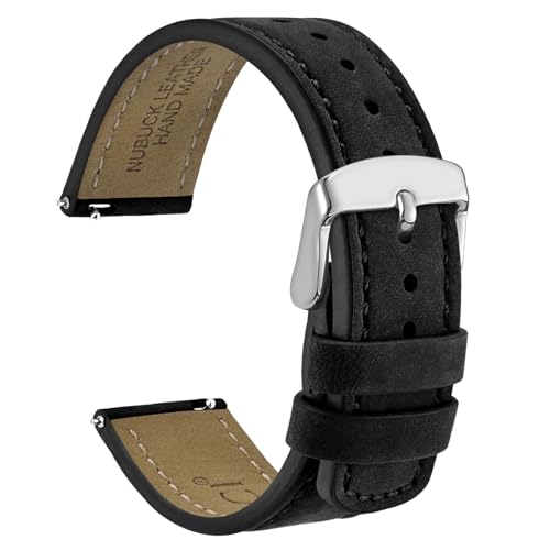 WOCCI 19mm Retro Leather Watch Band for Men and Women Quick Release Replacement Strap with Silver Buckle Black - Image 1