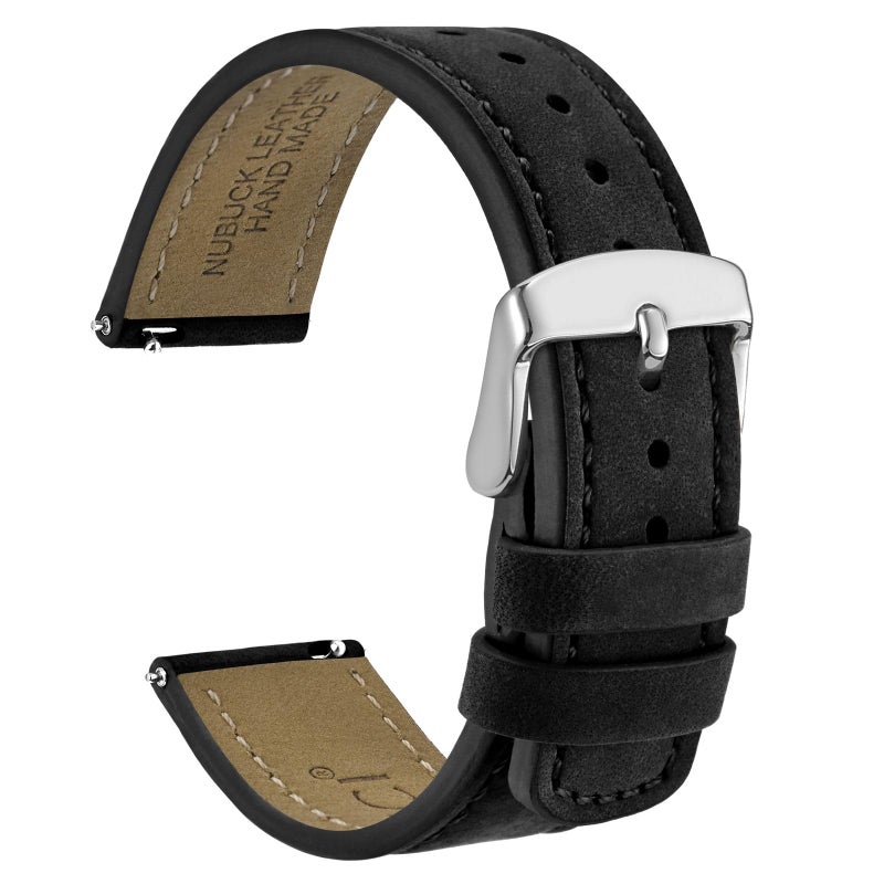 WOCCI 19mm Retro Leather Watch Band for Men and Women Quick Release Replacement Strap with Silver Buckle Black - Image 2