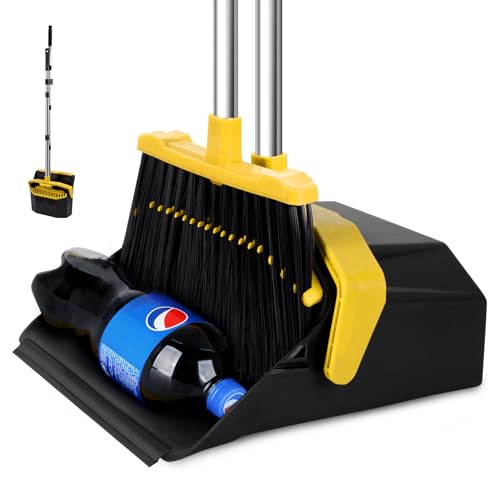 Tiumso Broom with Dustpan Combo Set Brooms and Dustpans Sets with 51 Long Handle Large Dust Pan and Broom SelfCleaning Dustpan Teeth for Lobby Kitchen Office Black and Yellow