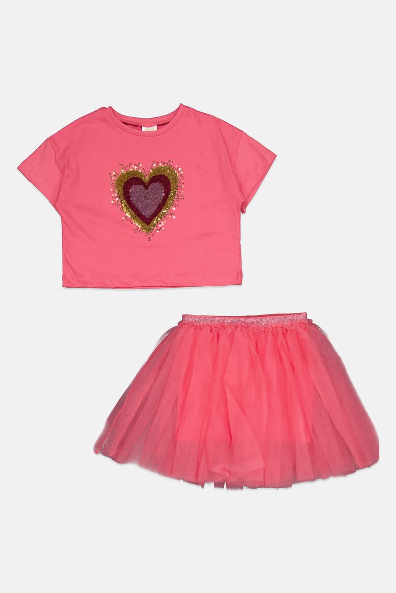 MISS Kids Girl 2 Pieces Sequin T-Shirt and Skirt Set, Pink  - Image 1