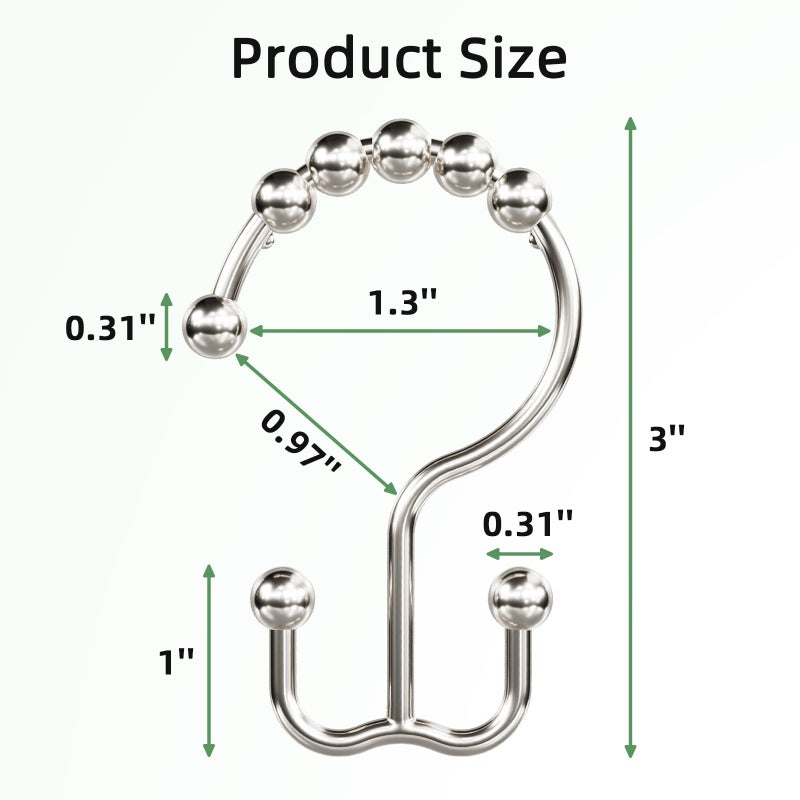 Amazer Shower Curtain Hooks, Rust-Resistant Metal Double Shower Curtain Rings for Curtain Rolling Shower Hooks, 12PCS Shower Rings for Bathroom Shower Curtain Rod, Nickel - Image 2