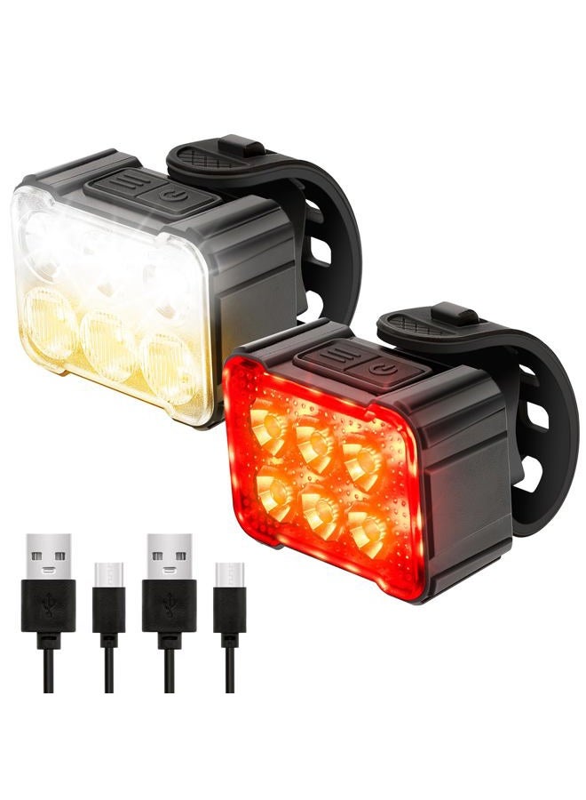 Ofiswadi 2 Packs USB Rechargeable Bike Light Set, Bicycle Safety Lights Front and Rear with 6+12 Modes, IPX4 Waterproof Headlight and Taillight for Night Riding/Cycling - Image 1