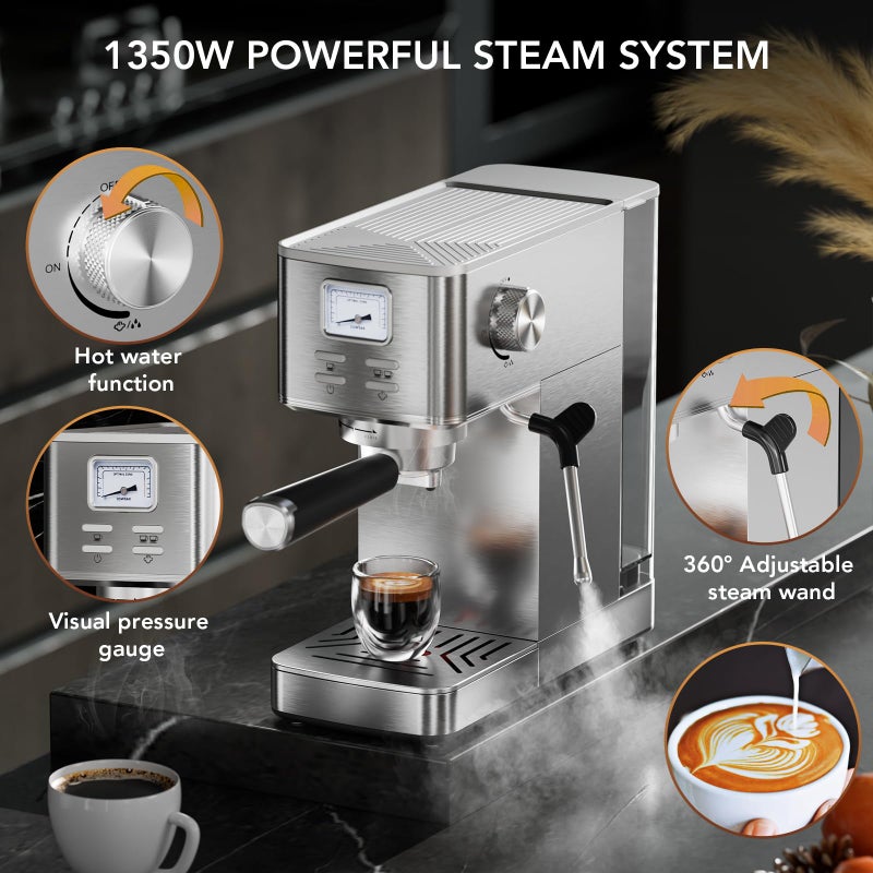 COWSAR Espresso Machine 20 Bar, Compact Commercial Espresso Maker with Milk Frother, Visual Pressure Gauge, Coffee Machine with 47oz Removable Water Tank and Capsule Funnel, for Cappuccino, Latte - Image 5