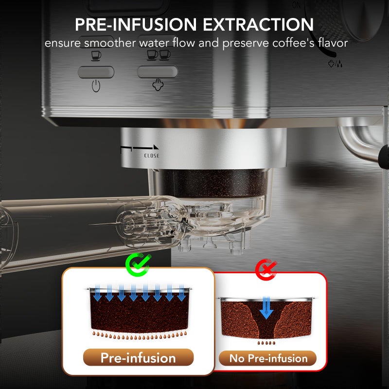 COWSAR Espresso Machine 20 Bar, Compact Commercial Espresso Maker with Milk Frother, Visual Pressure Gauge, Coffee Machine with 47oz Removable Water Tank and Capsule Funnel, for Cappuccino, Latte - Image 4