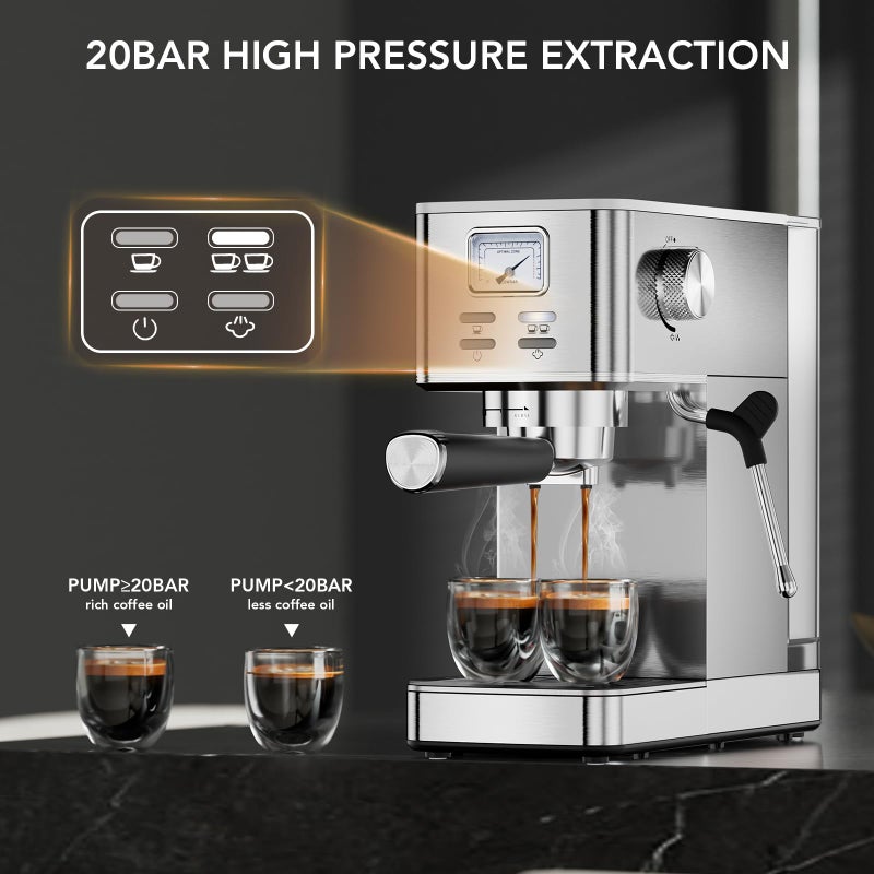 COWSAR Espresso Machine 20 Bar, Compact Commercial Espresso Maker with Milk Frother, Visual Pressure Gauge, Coffee Machine with 47oz Removable Water Tank and Capsule Funnel, for Cappuccino, Latte - Image 2
