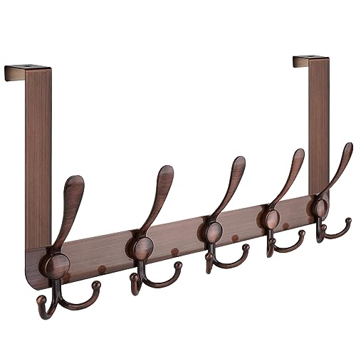 TICONN Over The Door Hooks, 5 Heavy Duty Tri Coat Rack All Metal Coat Hanger for Bathroom Bedroom Dorm (Antique Bronze, 1PK, Fit 1-3/8" Doors) - Image 1