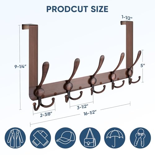 TICONN Over The Door Hooks, 5 Heavy Duty Tri Coat Rack All Metal Coat Hanger for Bathroom Bedroom Dorm (Antique Bronze, 1PK, Fit 1-3/8" Doors) - Image 2