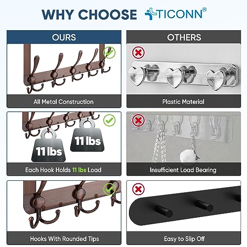 TICONN Over The Door Hooks, 5 Heavy Duty Tri Coat Rack All Metal Coat Hanger for Bathroom Bedroom Dorm (Antique Bronze, 1PK, Fit 1-3/8" Doors) - Image 3