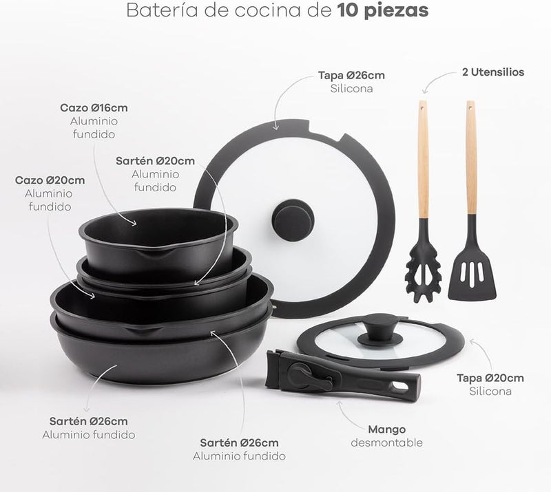 BERGNER CLICK&COOK - Jumbo Set 10 Pcs Cookware Set Black Easy Click - Frying Pans and Saucepans with Black Non-Stick Coating - Includes Lid and Utensils - Removable Handle - Suitable for All Cookers - Image 2