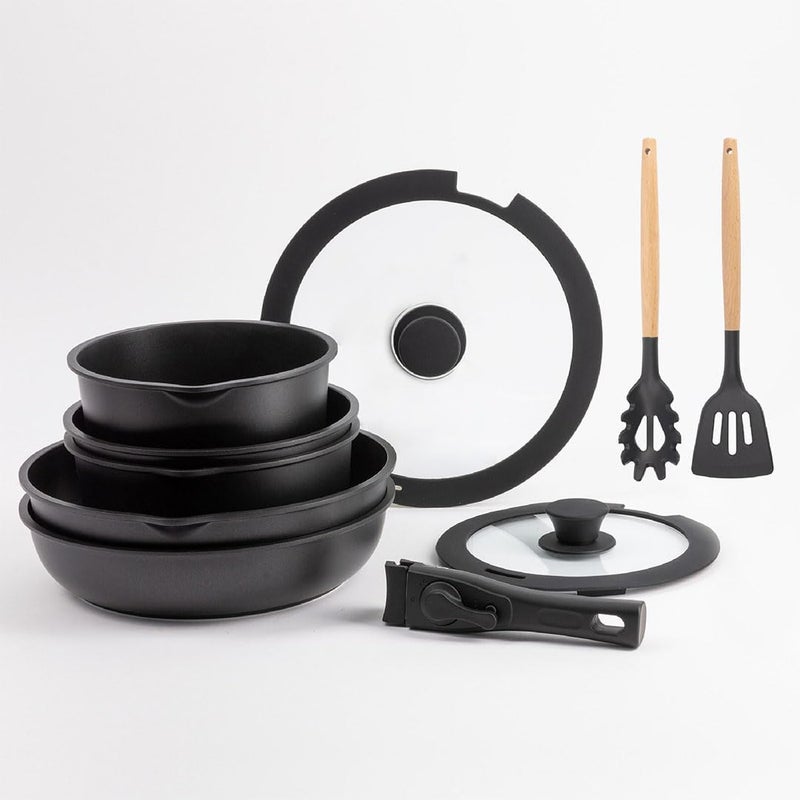 BERGNER CLICK&COOK - Jumbo Set 10 Pcs Cookware Set Black Easy Click - Frying Pans and Saucepans with Black Non-Stick Coating - Includes Lid and Utensils - Removable Handle - Suitable for All Cookers - Image 1