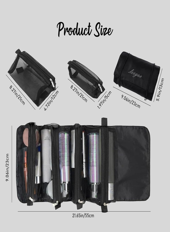 MAHNTMART Nylon 4-in-1 Hanging Roll Up Makeup Pouch Kit, Folding Travel Toiletry Bag with Compartments, Detachable Pouch Cosmetic Organizer (Black) - Image 3