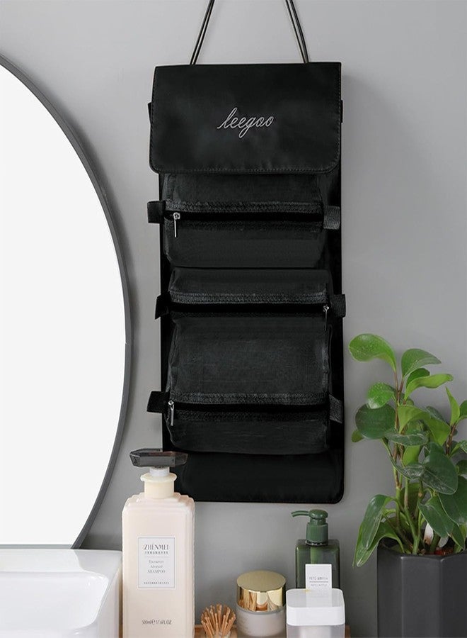 MAHNTMART Nylon 4-in-1 Hanging Roll Up Makeup Pouch Kit, Folding Travel Toiletry Bag with Compartments, Detachable Pouch Cosmetic Organizer (Black) - Image 2