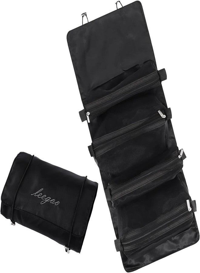 MAHNTMART Nylon 4-in-1 Hanging Roll Up Makeup Pouch Kit, Folding Travel Toiletry Bag with Compartments, Detachable Pouch Cosmetic Organizer (Black) - Image 1