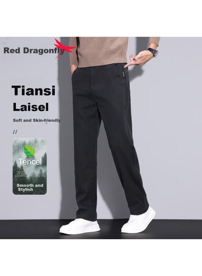 Red Dragonfly Casual Pants For Men, Lyocell Comfortable Versatile Loose Straight-leg Trendy Thick Large Size Trousers, Black, Size 30