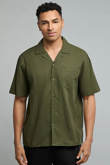 أر أند بي Solid Shirt with Revere Collar and Short Sleeves