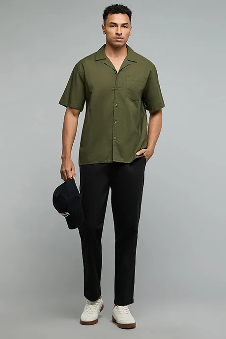 أر أند بي Solid Shirt with Revere Collar and Short Sleeves