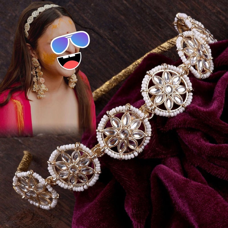MANODHRUVA Parineeti Style Floral Shape Kundan Studded Hair Band (Gold & White), Pack of 1 - Image 5