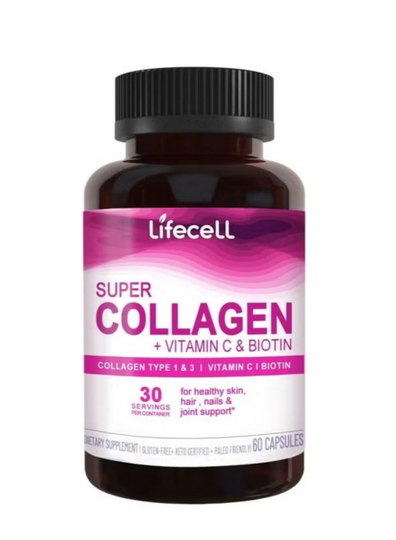 لايفسل ببتيدات الكولاجين الفائقة + فيتامين C والبيوتين 3 جرام كولاجين لكل حصة، خالي من الغلوتين، يعزز الشعر الصحي، البشرة الجميلة، ودعم الأظافر، مكمل غذائي، 60 كبسولة - Image 1