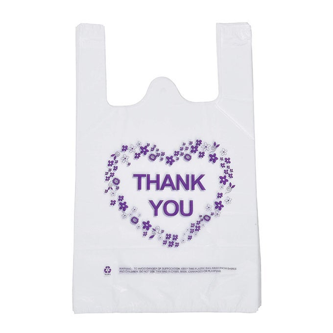 THANK YOU T SHIRT BAGS WHITE PLASTIC GROCERY BAGS WITH HANDLES STANDARD SUPERMARKET SIZE 12 X 20 INCH 100 PCS